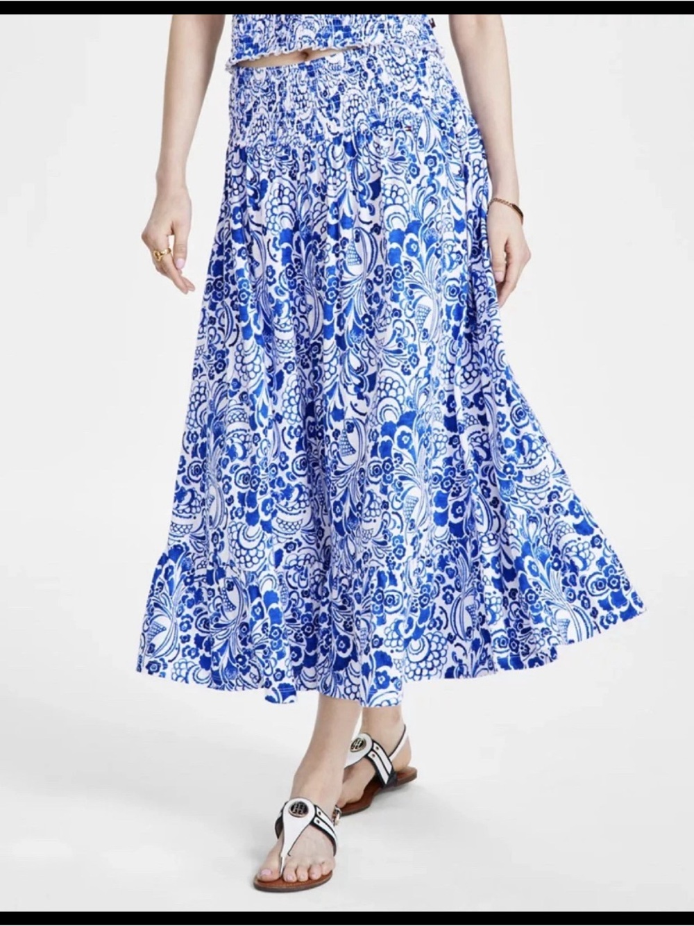 Tommy Hilfiger Fountain Floral Smocked Cotton Maxi Skirt-Blue/White Size XL